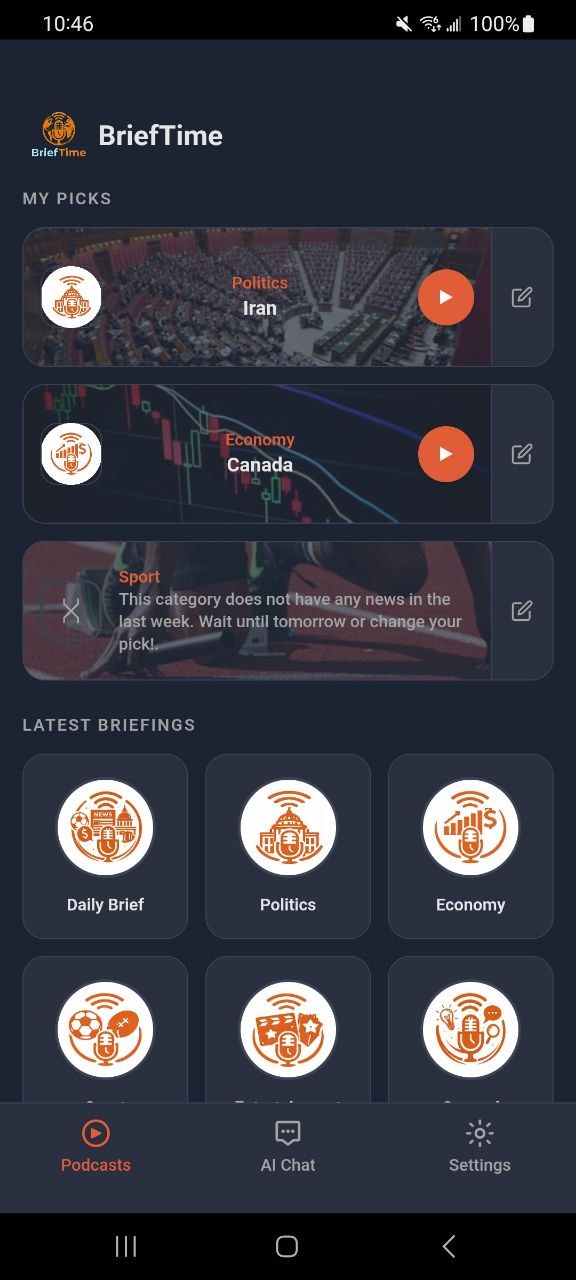 BriefTime app home screen